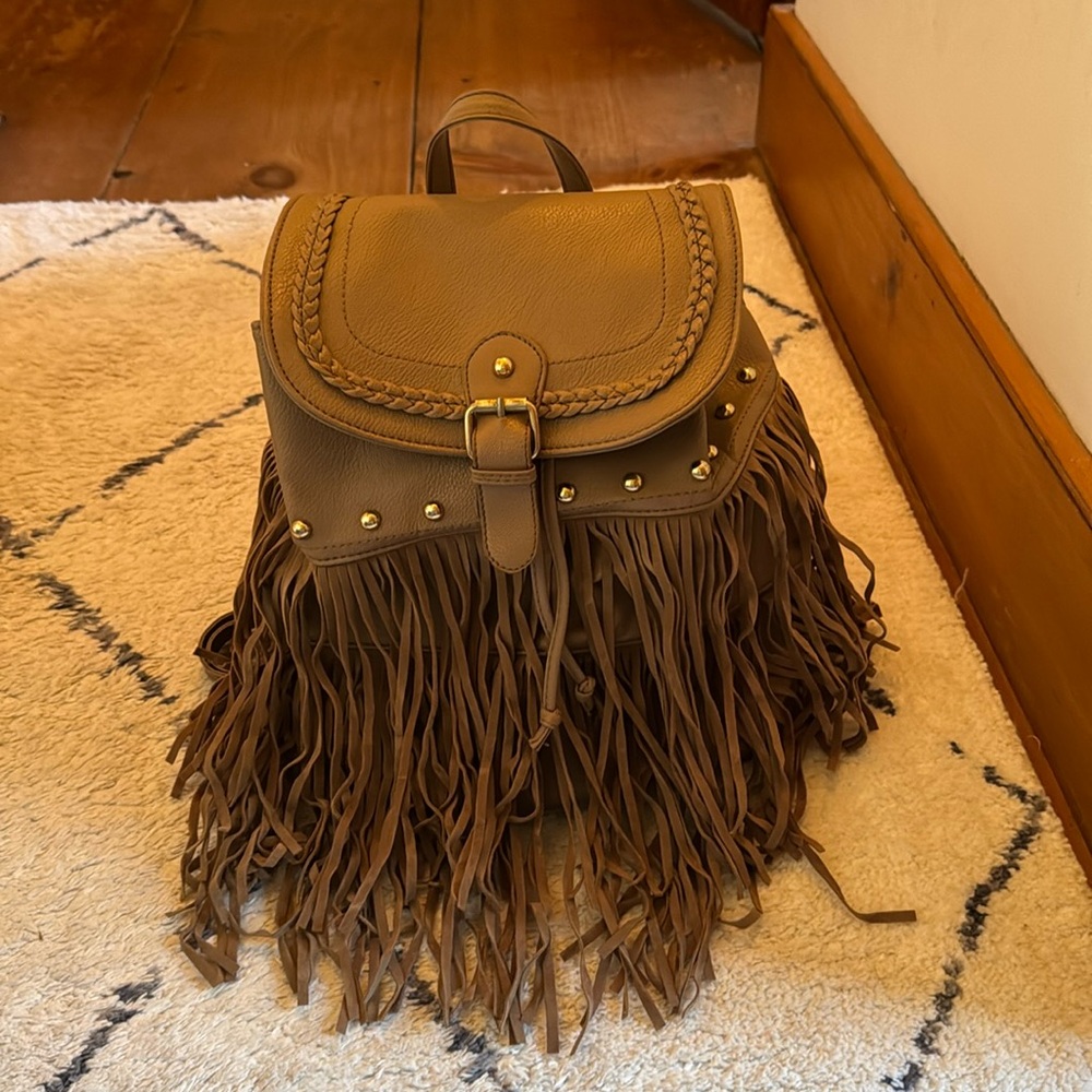Boho Festival Leather Camel Tan Fringe Backpack